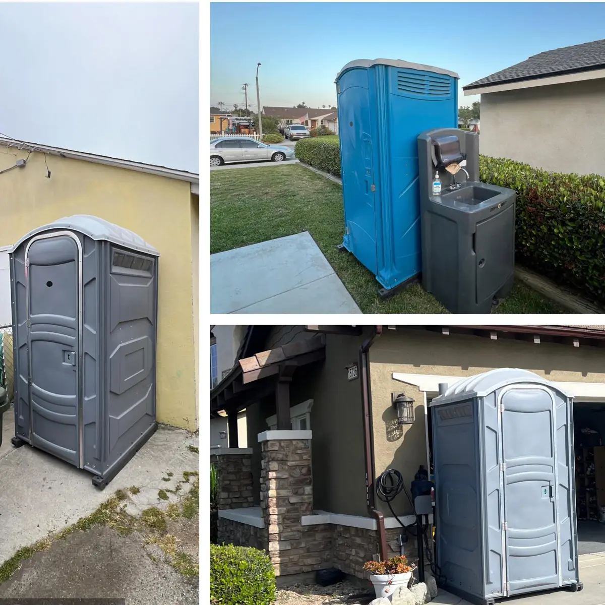Gray porta potty beside a house in a side yard