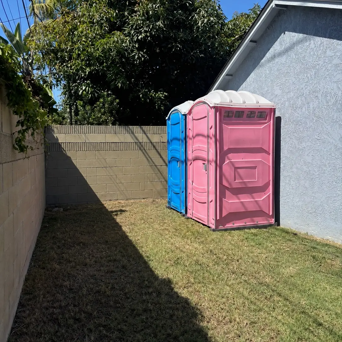 Pink and blue porta potties in a fenced backyard